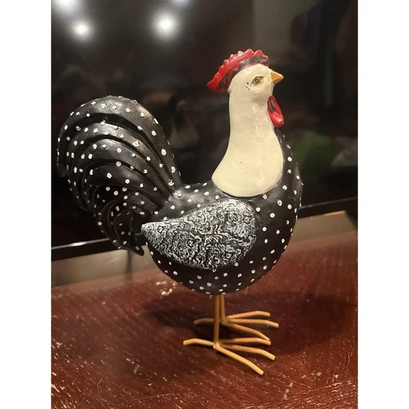 Black White Polka Dot Rooster Figurine Farmhouse Decor Metal Legs Chicken Statue