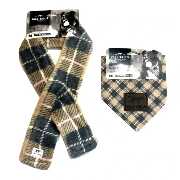 Tall Tails Fleece SCARF And BANDANA SET Tan/Gray PLAID Small 12-16” Winter