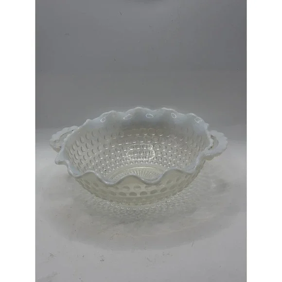 White Opalescent Hobnail Ruffled Double Handled Candy Dish Nappy Bowl