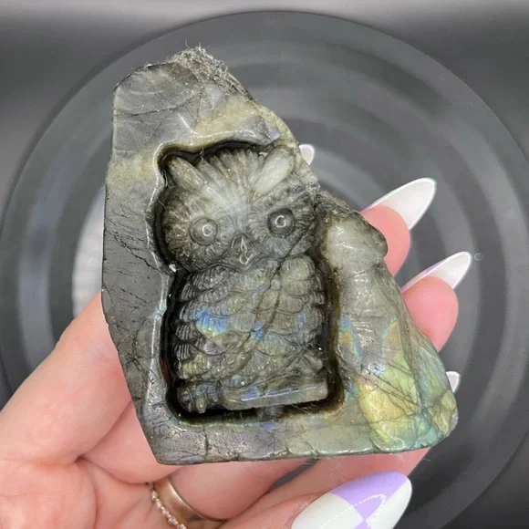 Genuine, labradorite owl carving