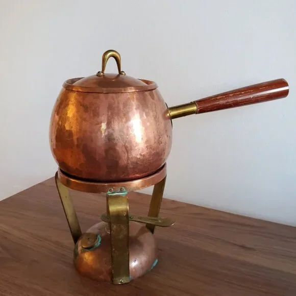 Hammered copper fondue pot Saucier and brass warmer two tone inMeersburg Germany