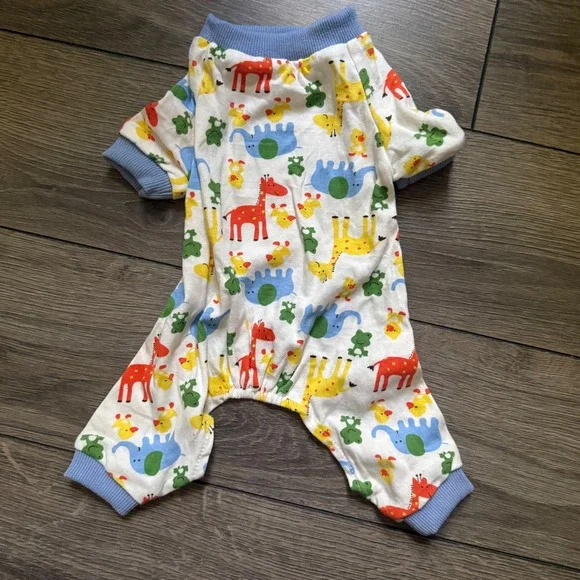 Small Pet Pajamas Dog Onesie Animal Print Giraffe Elephant Blue White S