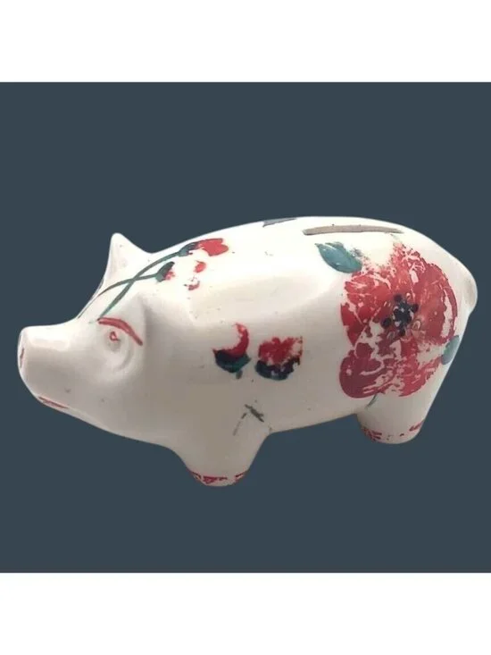 Mid-Century Hand Painted Floral Ceramic Piggy Bank 6