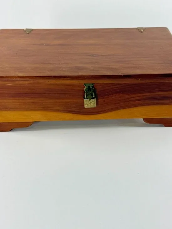 Vintage Wooden Cedar Jewelry Box With Red Velvet Lining Gold Hardware Lock