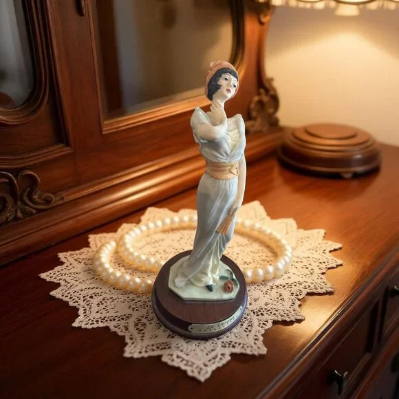 Vintage La Verona Collection Lady Figurine Art 9” Statue Blue Dress Wood Base