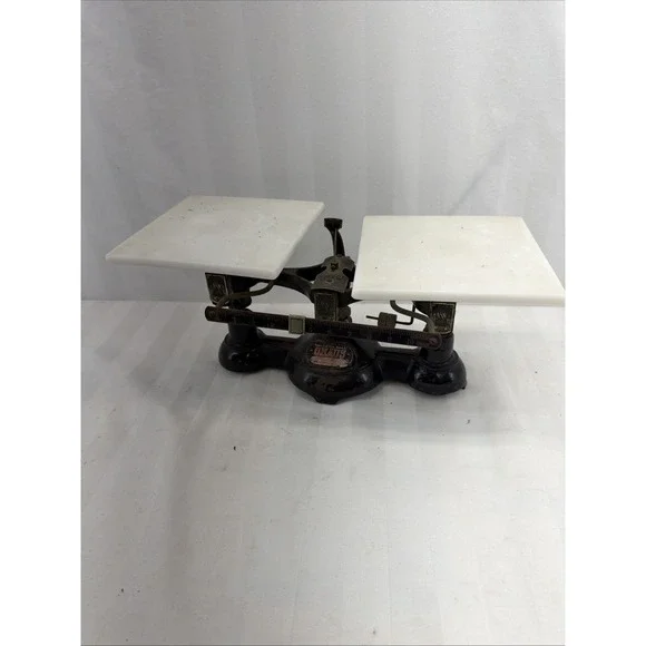 Antique Ohaus Balance Scale Double Beam Cast Iron & Steel Milk Glass Pans 2 Kilo