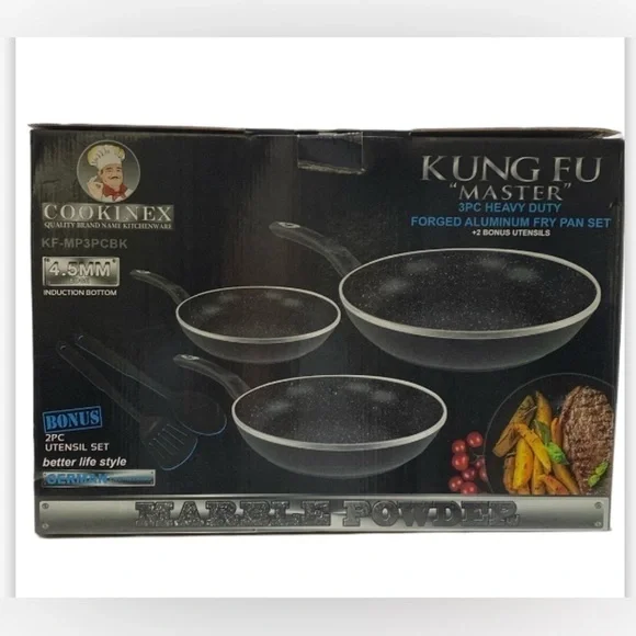 $99 NEW! Heavy Duty Forged Aluminum Fry Pan 3 Piece Set + 2 Bonus Utensils