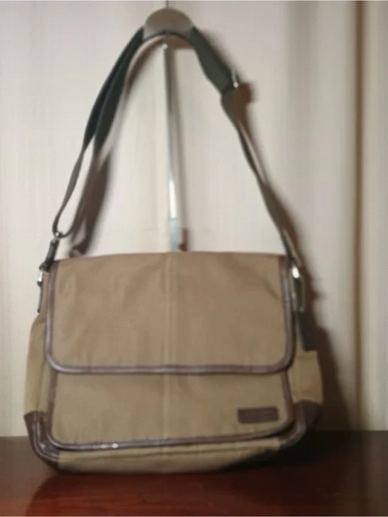 Coach Khaki Canvas Messenger Bag with Brown Trim