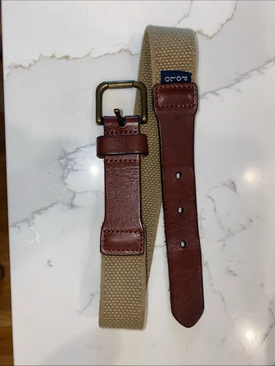 Polo by Ralph Lauren Brown Leather & Tan Canvas boys Belt with Brass Buckle