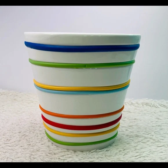 Oval vase unique ceramic with horizontal colorful rings 10”
