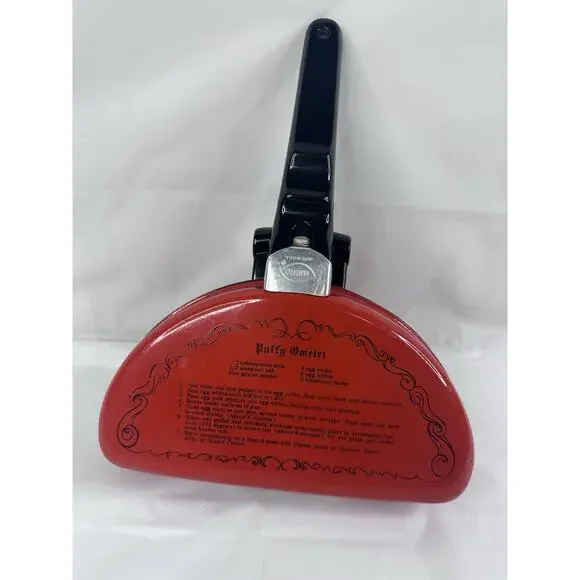 Vintage MIRRO Red Omelet Double Sided Pan Fryer Made USA. Recipe On Top & Bottom