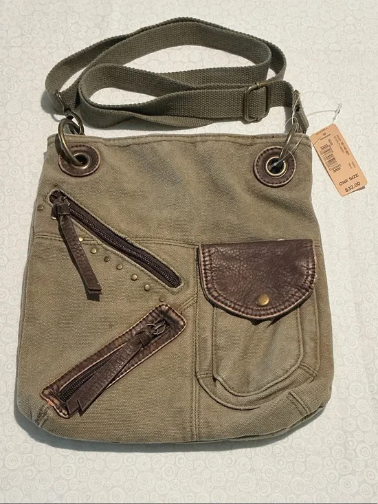 Canvas Crossbody Bag with Brown Faux Leather Trim -