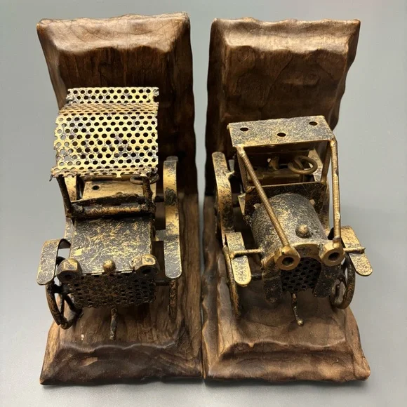 VTG Bookends Metal Brass? Car Sculptures on Wood MCM Rustic Steampunk Brutalist