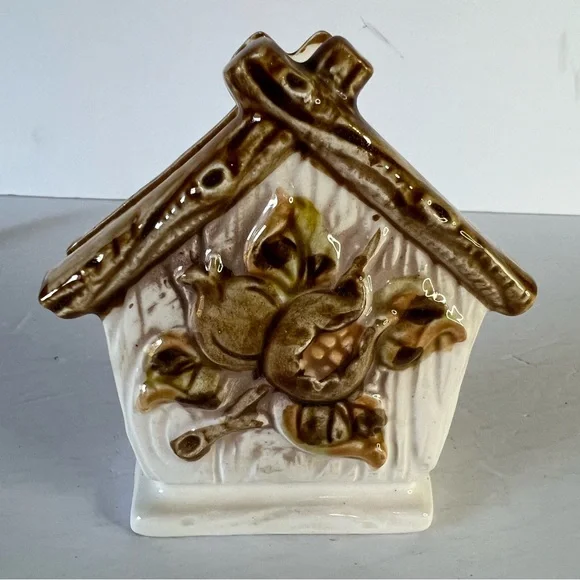 Vintage Ceramic Bird House Tree Forest Napkin or Mail Holder Cell Phone Storage