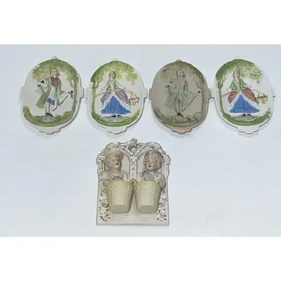 VTG Made In Occupied Japan Victorian Couples Bisque Wall Plaques Hangings Lot 5