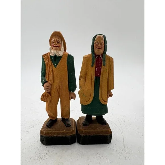 Vintage Hand Carved Wood Figures Elderly Old Couple Folk Art Statue Pair 3