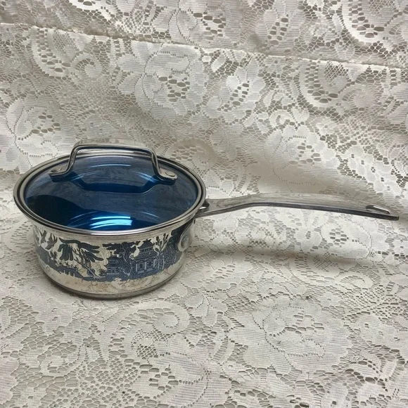 Blue Willow, Stainless Steel-Covered Sauce Pan 13.5in L x 6.5in D x 4.5in H