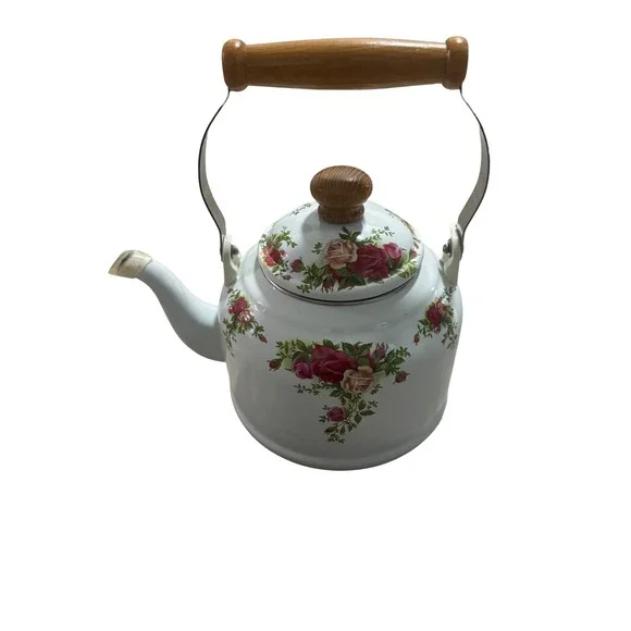 Vintage Royal Albert Tea Kettle White Stovetop Pot‎ Wood Handle Rose Pattern