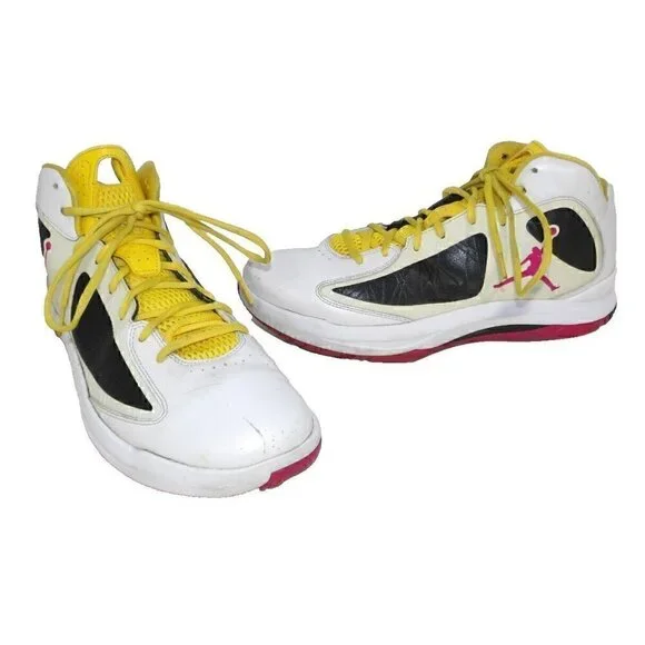 JORDAN Flywire white, red & yellow high top leather sneakers men's size 12