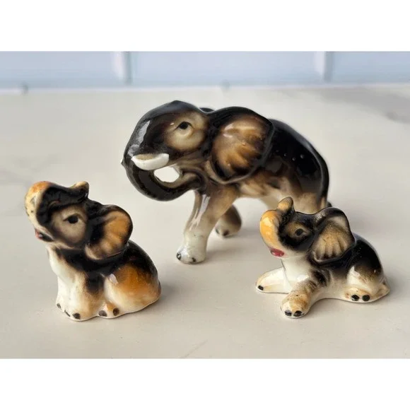 Vintage Miniature Bone China Elephant Family Figurines Set of 3 Brown Glazed