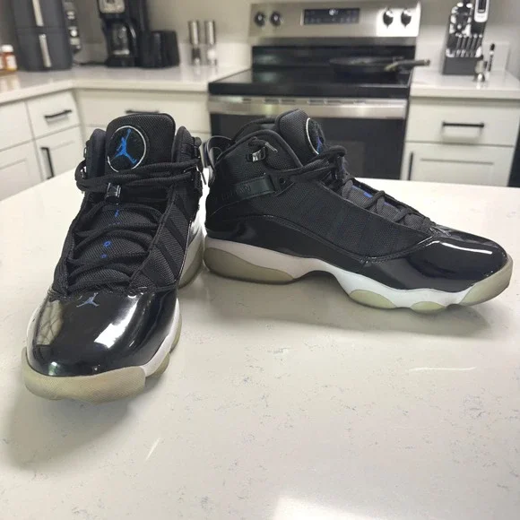 Jordan 6 Rings Mens 9.5 Black Space Jam Blue Patent Leather Sneakers 322992-016