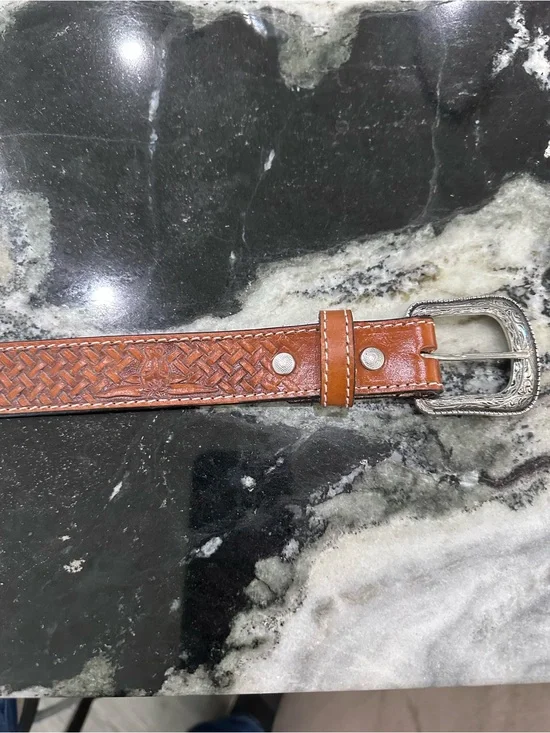 Tooled Brown Belt with Engraved Silver Buckle