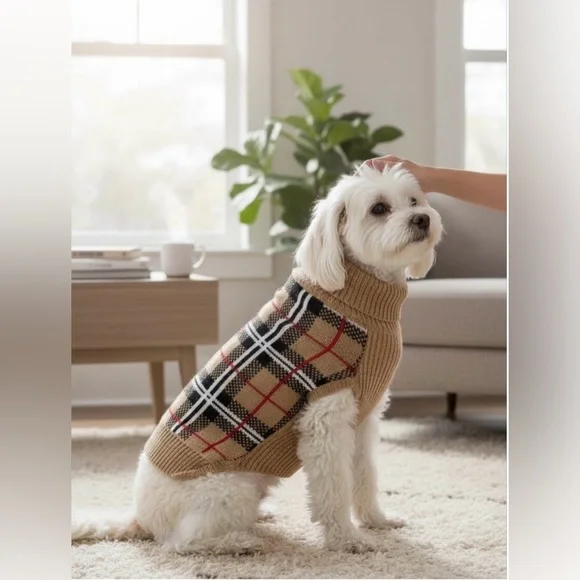 Dog Beige Plaid Knit Sweater