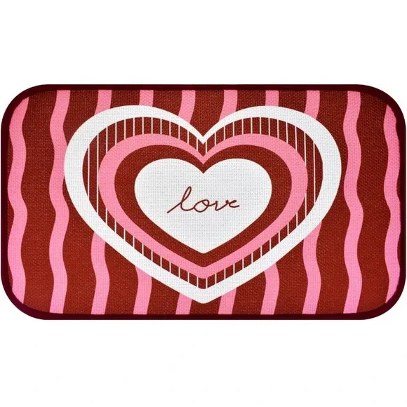 Valentines Day Heart Love Floor Mat Red Pink Striped Rubber Backing Rug 17x29