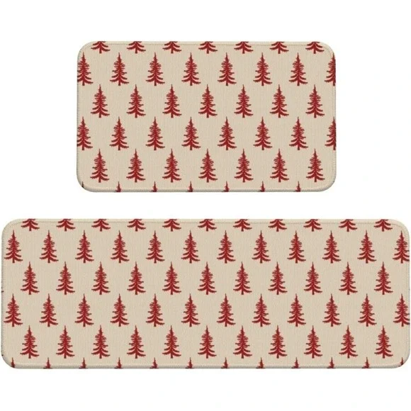 Christmas Kitchen Mat Set Of 2 With Red Christmas Trees White Christmas Mat Set