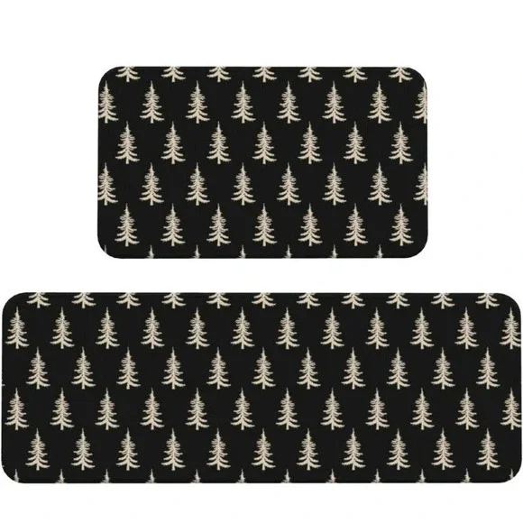 Kitchen Mat Set Of 2 Christmas Print Black Mat With White Trees 17x29, 17x47