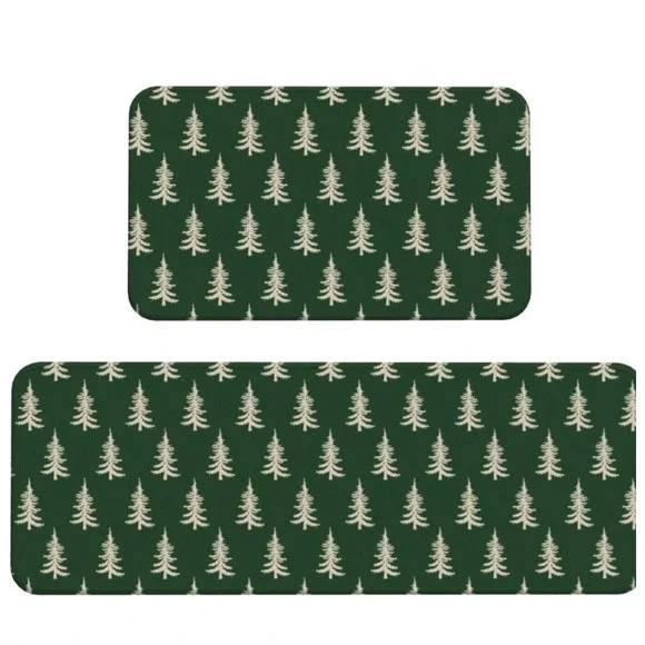 Forest Green Christmas Kitchen Mats Set of 2 Cream Xmas Tree Print Winter Hol...