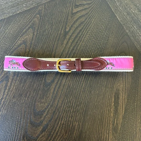 Dover Saddlery Pink and Brown Horse Jumping Canvas Kids Belt With Leather Strap