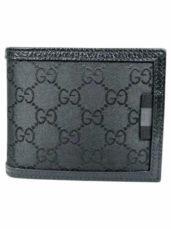 Gucci GG Monogram Canvas Bi-Fold Wallet Leather Trim Black 260987