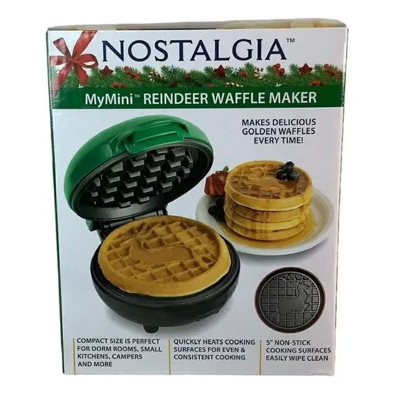 New! Nostalgia My Mini Reindeer Waffle Maker Compact Size 5