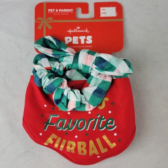Hallmark Pet & Parent Bandana Scrunchie Gift Set Favorite Furball Red Green