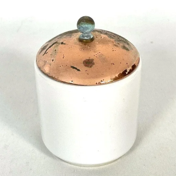 Vintage White Ceramic Mini Canister Copper Lid Patina Cream Sugar Jar