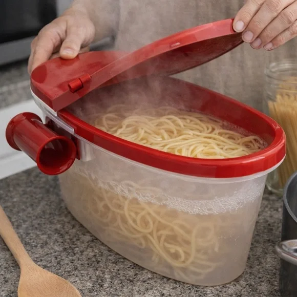Telebrand Microwave Pasta‎ Boat Cooker Red Steamer Strainer Lid Veggie Cooker