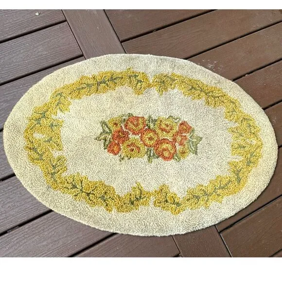 Oval floral hook rug yellow and orange vintage floral hook rug 35