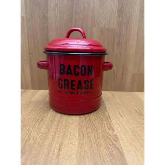 NWOT Red Enamel Bacon Grease Container w Lid
