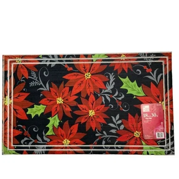 Doormat Christmas Poinsettia Heavy Duty Indoor/Outdoor Red Black 18 x 30 in