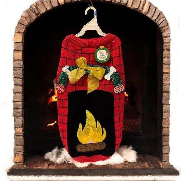 Merry Bright Holiday FIREPLACE Sweater Pet Christmas Halloween Dog Costume‎ L