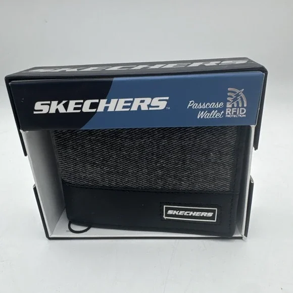 Skechers Twill Passcase Bifold Wallet Vegan Leather Trim RFID Protection