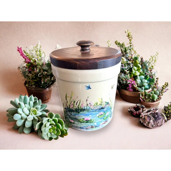 Hand Painted Signed Stoneware Crock Storage Idea One of a Kind Handpainted Gift