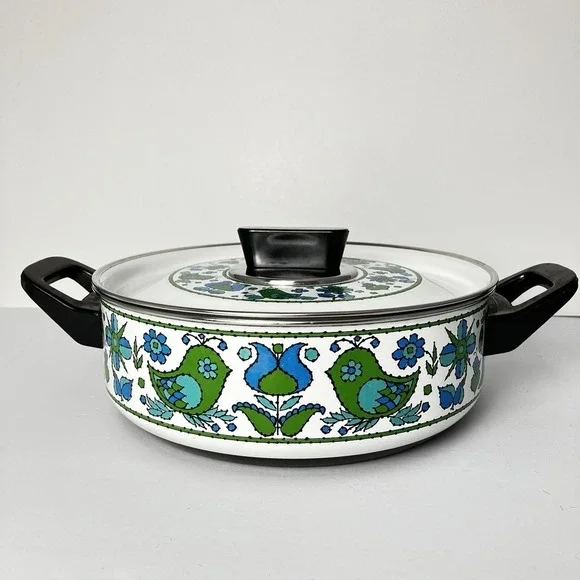 Vintage Fancipans Enamel Saucepan Lid Green Blue Bird Folk Art 1970s Retro Kitch