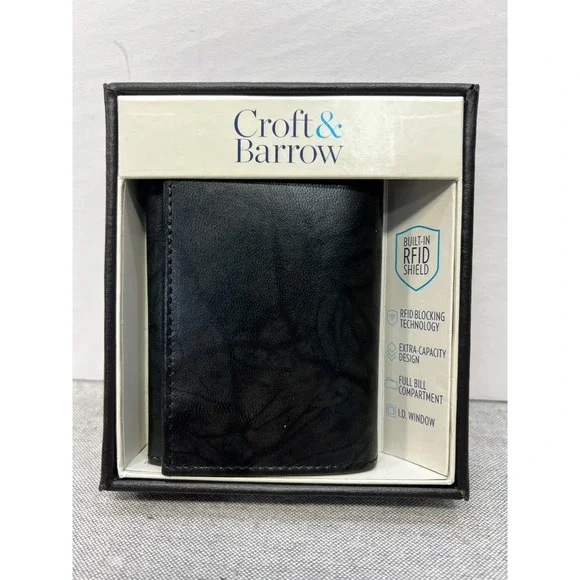 Croft And Barrow RFID Security Shield Tri Fold Black Leather Wallet New w/ Box