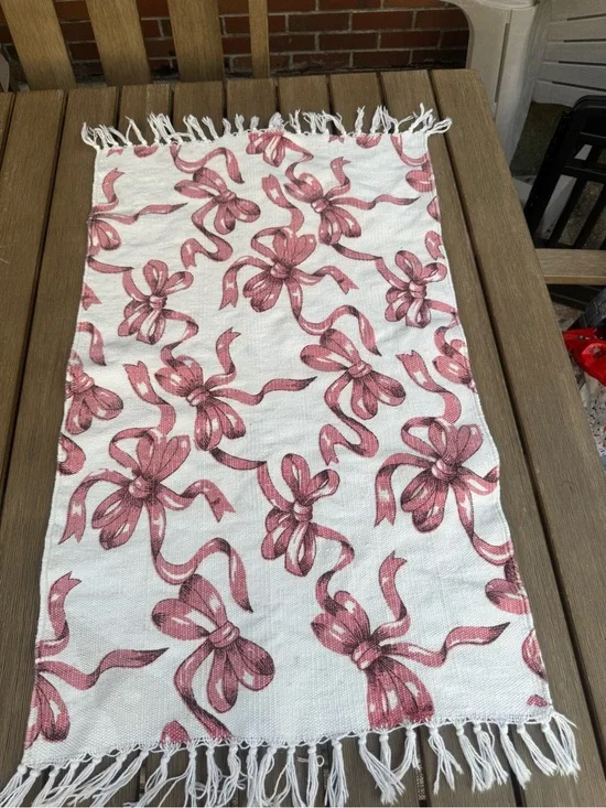 Pink Bow Fringe Accent Rug Runner 21x33 Cottagecore Coquette Bath Kitchen