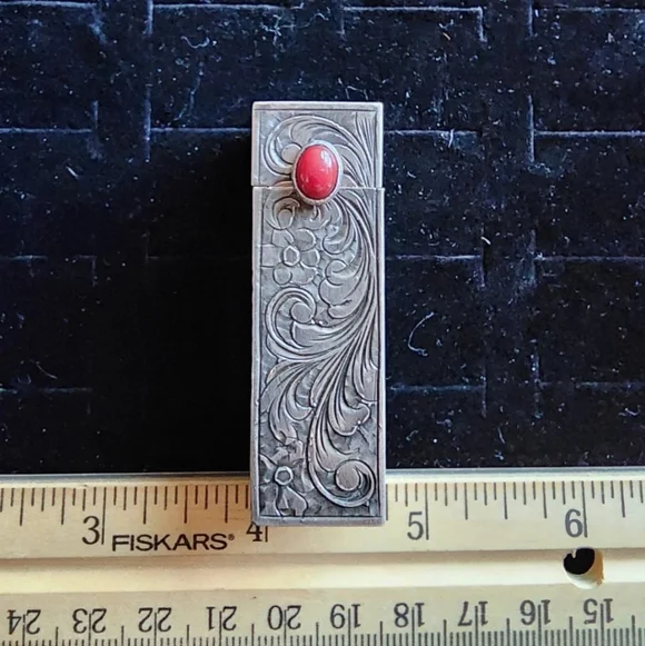 Antique Art Deco Lipstick Holder Sterling Silver/Coral Cabachon Damaged Mirror
