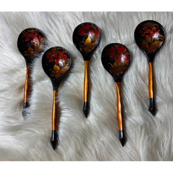 Vintage Khokhloma Wooden Spoons Set of 5 Hand Painted Russian Folk Art