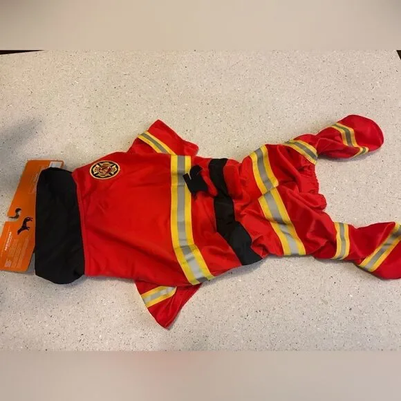 Red Firefighter Costume with Yellow Stripes for medium size dog