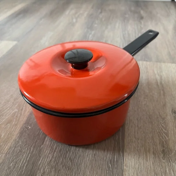 1970s Enamel Orange Stovetop Pot with Lid Medium Size